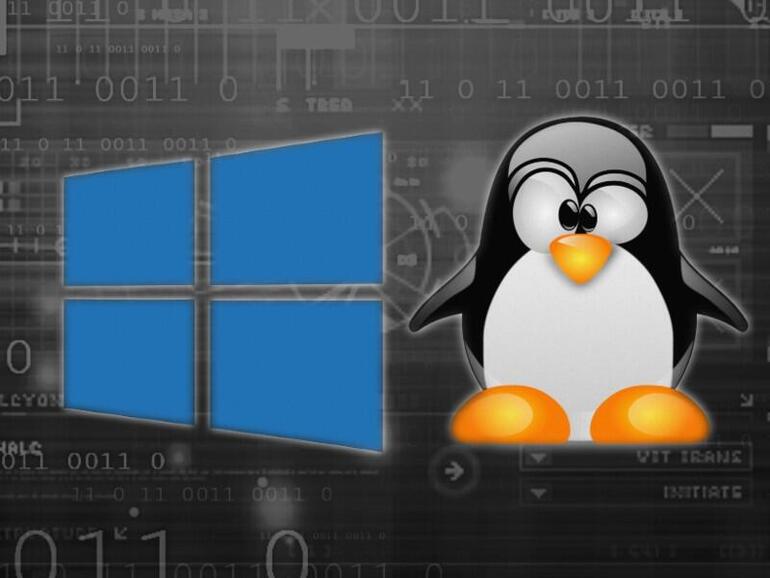 Microsoft logo and Linux penguin logo